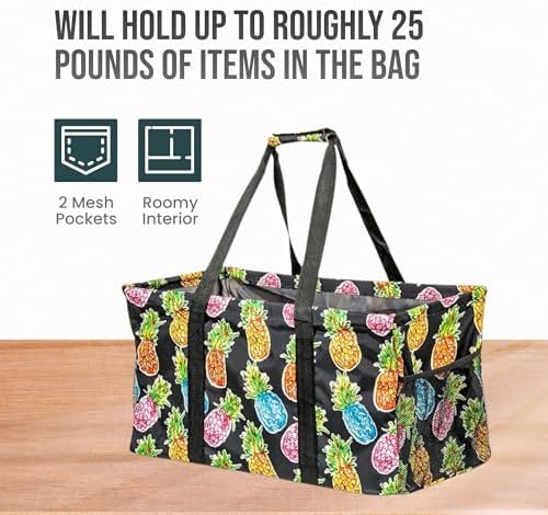 Extra Large Utility Tote Bag - Oversized Collapsible Reusable Wire Frame Rectangular Canvas Basket With Two Exterior Pockets For Beach, Pool, Laundry, Car Trunk, Storage - Pineapple - Image 6