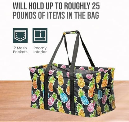 Extra Large Utility Tote Bag - Oversized Collapsible Reusable Wire Frame Rectangular Canvas Basket With Two Exterior Pockets For Beach, Pool, Laundry, Car Trunk, Storage - Pineapple - Image 6