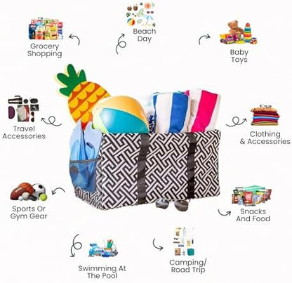 Extra Large Utility Tote Bag - Oversized Collapsible Reusable Wire Frame Rectangular Canvas Basket With Two Exterior Pockets For Beach, Pool, Laundry, Car Trunk, Storage - Geometrc Black - Image 3