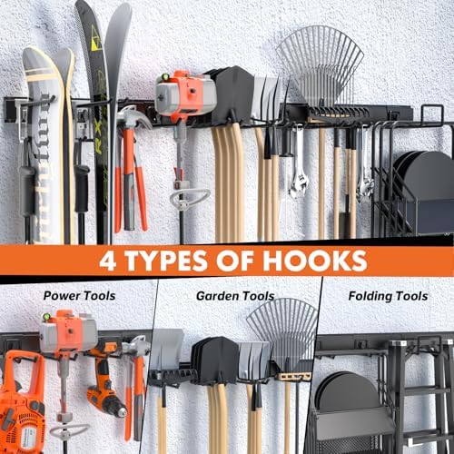 64'' Garage Tool Organizer Wall Mount, 620lbs Heavy Duty Metal Storage Rack | Adjustable Hooks Garden Tool Organization System | Anti-Rust Shed Rack for Hanging Shovel, Rake, Broom, Snowboard - Image 3