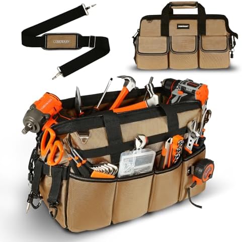 COMOWARE 19-Pocket Tool Bag, Gift for Dad, 16“ Heavy Duty Tool Organizer with Adjustable 51.2" Shoulder Strap, 1680D Oxford Fabric & PVC Coating, Reflective Strips, Tactical Loops, Mechanics by COMOWARE