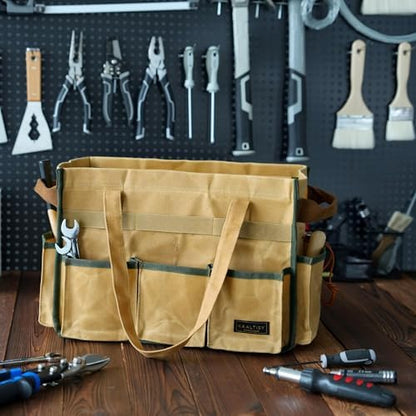Canvas Tool Bag, 16OZ Waxed Canvas Tool Tote Bag with Metal Zipper & 12-Pocket Design, Multi-Purpose Garden Tool Storage Tote for Electrician Gardener Plumber | Khaki | 14.5"L x 7.5"W x 10"H - Image 6