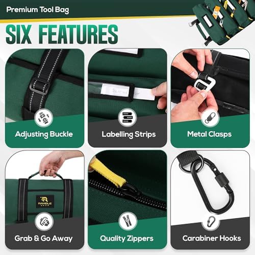 Roll Up Tool Bag Organizer – Heavy Duty Canvas Tool Roll Bag, Tool Roll Up with 5 Oversized Labeled Pockets & Carabiners, Portable Roll Up Tool Organizer for Mechanic, Truck & Car (Green) - Image 4