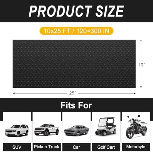 Grandroad auto 10x25 FT Garage Floor Mat, 2.8mm Thickened Flooring Roll for Under Car Diamond Plate PVC Rubber Mat with 20 Pcs Tapes, Non-Slip Floor Mat for Garage, Warehouse, Trailer, Gyms, Black - Image 2