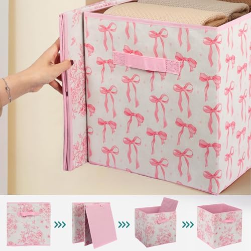 6 Pcs Pink Bow Cube Storage Bins 12.5 Inch Pink Storage Basket with Handle, Preppy Girls Organizer Basket, Collapsible Fabric Box for Classroom Bedrooms Office Home Decoration (Bow) - Image 3