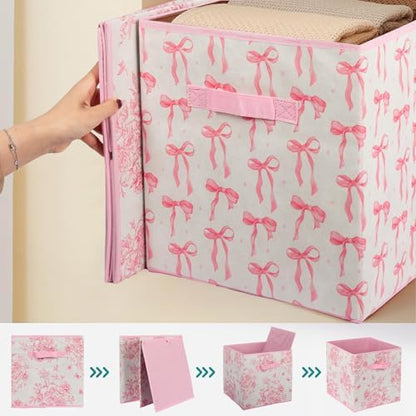 6 Pcs Pink Floral Cube Storage Bins 12.5 Inch Pink Flower Storage Basket with Handle, Preppy Girls Organizer Basket, Collapsible Fabric Box for Classroom Bedrooms Office Home Decoration (Flower) - Image 3
