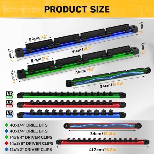 5-Piece Magnetic Socket & Bit Organizer Kit, 1/4" 3/8" 1/2" Heavy Duty Socket Holder Holds 40 Clips, Aluminum Sockets Rail for Tool Box Drawer, 1/4" Slidable Drill Bit Organizer Holds 80 Bits - Image 2