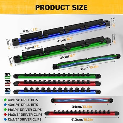 5-Piece Magnetic Socket & Bit Organizer Kit, 1/4" 3/8" 1/2" Heavy Duty Socket Holder Holds 40 Clips, Aluminum Sockets Rail for Tool Box Drawer, 1/4" Slidable Drill Bit Organizer Holds 80 Bits - Image 2