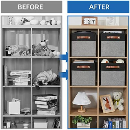 Temary 11 x 11 Cube Storage Bins Fabric Storage Cubes for Shelf, Closet, 4 Pack Cube Basket for Clothes, Storage Cube Bins with Leather Handles(Black&Grey) - Image 5