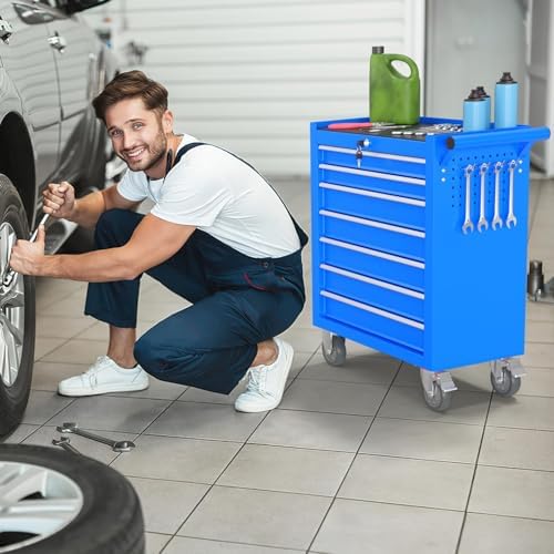 7-Drawer Rolling Tool Chest, Tool Box with 4 Wheels and Drawers, High Capacity Detachable Mobile Tool Storage Cabinet for Garage, Workshop, Mechanics and Repair Room (Blue) - Image 2