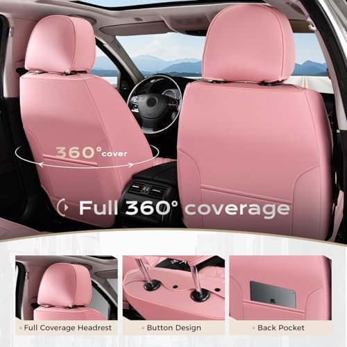 Coverado Full Set Car Seat Covers, Luxury Faux Leather Waterproof Seat Covers, Pink Car Seat Protectors, Universal Fit for Most Cars, Automotive Seat Covers-Pink - Image 4