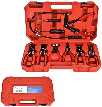 BETOOLL 9pc Hose Clamp Pliers, Professional Automotive with Flexible Wire Long Reach, Clic R Type Swivel Jaw and Flat Band Pliers for Coolant Radiator Heater/Water Hose (Red) by BETOOLL