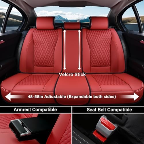 Coverado Car Seat Covers Full Set, Red Car Seat Cover, Luxury Leather Seat Covers for Cars, Waterproof Front and Back Car Seat Protector, Car Seat Cover Universal Fit for Most Cars - Image 3
