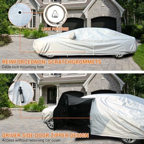 Tecoom Car Cover Waterproof All Weather, 3 Layers Car Covers for Automobiles, Fleece Lining with Zipper Door Lock Full Outdoor Car Cover Wind Snow Hail UV Sun Protection Fit for Sedan (201-210 Inch) - Image 3