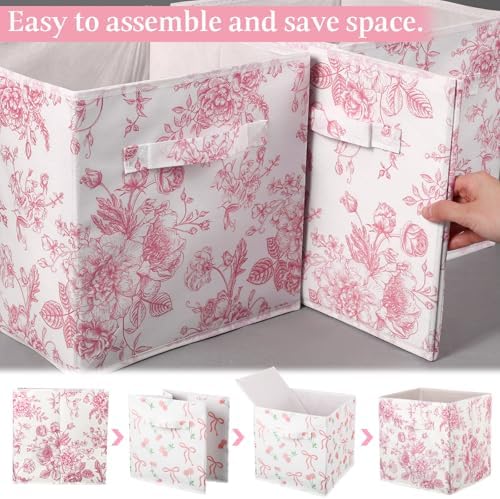 Geelin 6 Pcs Pink Floral Cube Storage Bins 11 in Storage Basket with Handle - Image 3