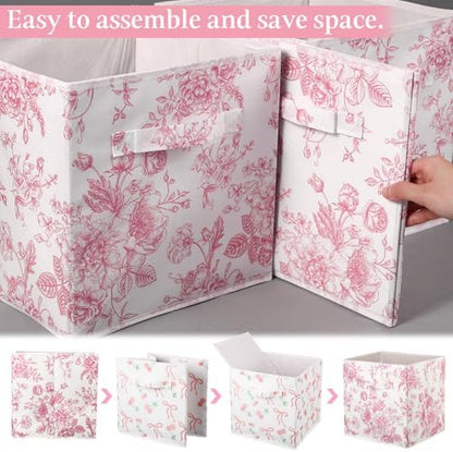 Geelin 6 Pcs Pink Floral Cube Storage Bins 11 in Storage Basket with Handle - Image 3