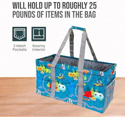 Extra Large Utility Tote Bag - Oversized Collapsible Reusable Wire Frame Rectangular Canvas Basket With Two Exterior Pockets For Beach, Pool, Laundry, Car Trunk, Storage - Camping - Image 5