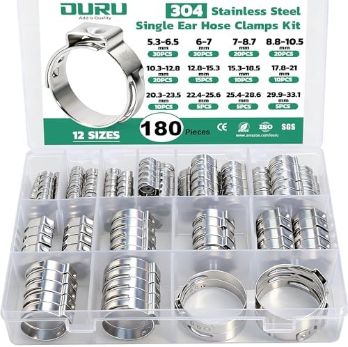 OURU 180PCS Single Ear Hose Clamps Assortment Kit, 5.3-33.1mm, 12 Sizes by OURU