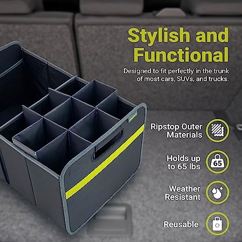 meori Collapsible Trunk Organizer for Car with Bottle Insert for Groceries Road Trips 2 Compartments Heavy Duty Mesh Pocket Ripstop - Image 3