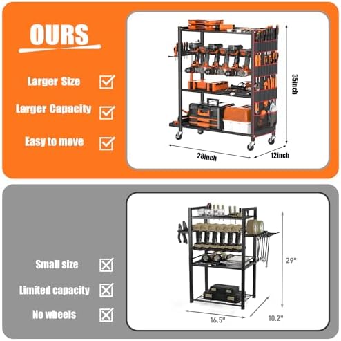 TORACK Rolling Power Tool Storage Cart, 4-Tier Large Drill Organizer with Slots for 12 Drills, Freestanding Cordless Tool Rack with Wheels for Garage & Workshop - Image 5