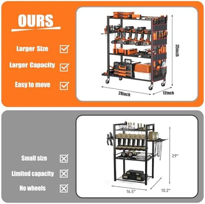 TORACK Rolling Power Tool Storage Cart, 4-Tier Large Drill Organizer with Slots for 12 Drills, Freestanding Cordless Tool Rack with Wheels for Garage & Workshop - Image 5