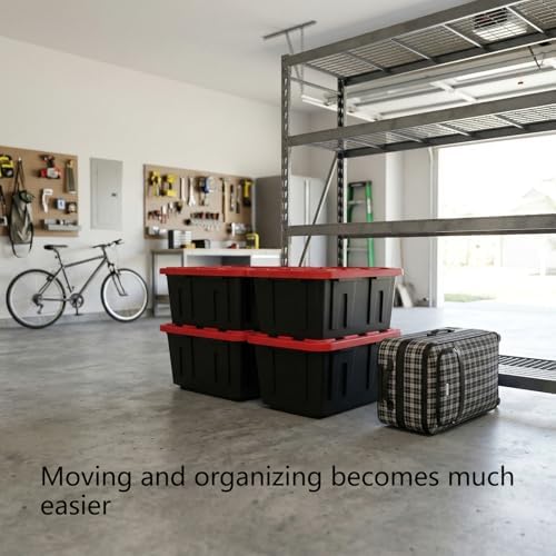 4Pcs 27-gallon Plastic Storage Box, Sturdy and Durable with A Lockable Lid, Suitable for Outdoor, Garage, Basement and Indoor Item Organization, Stackable Storage Box, Black Base and Red Lid - Image 5