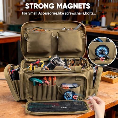 Heavy Duty Tool Bag Organizer with Strong Magnets & Detachable Pouches, Tactical Tool Tote for Men, Multiple Pockets, Anti-Friction Bottom Utility Tool's Bag for Electrician,Mechanic - Image 3