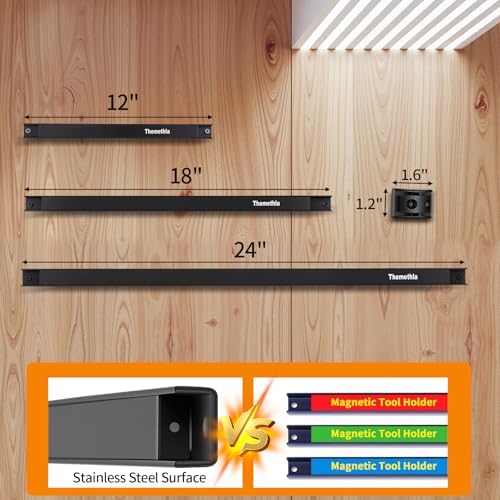 18" Magnetic Tool Holder Strip, 4 Pieces Black Metal Tool Organizer Rack with Stainless Steel Surface, Magnet Bar for Garage Workshop, Easy To Install with Mounting Screws - Image 4