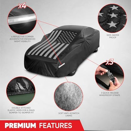 Motor Trend Black USA Flag Waterproof Car Cover - All Weather Outdoor Protection, UV Resistant, Windproof, Scratchproof - Semi-Universal Fit Sedan Full Car Cover for Sun Rain Snow (191”- 210” Length) - Image 4