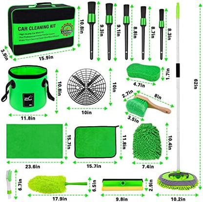 Lezcufer 17Pcs Car Wash Kit,62" Car Wash Brush Mop with Long Handle,Car Cleaning Kit,Car Detailing Brush Set,Car Wash Bucket,Car Wheel Brush,Complete Interior Car Cleaning Supplies - Image 2