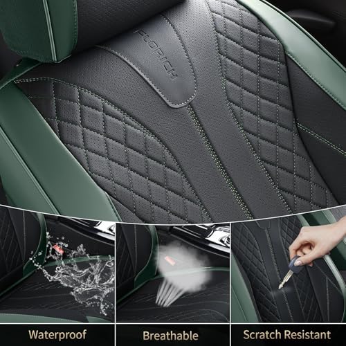 FLORICH Leather Seat Covers Full Set Automotive Car Seat Cover Front and Back Waterproof Auto Seat Covers Full Coverage Car Seat Protector Cushion Universal Fit for Most Cars SUV Trucks, Black&Green - Image 6