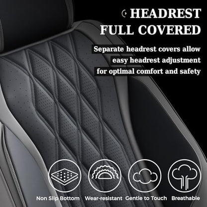 Coverado Seat Covers FullSet, 5 Seats Car Seat Protector, Waterproof Nappa Leather Cushion, Front & Rear Fit for Most Sedans SUV Pick-up Truck-Gray&Black - Image 6