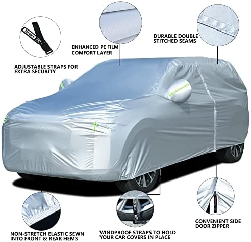 Tecoom Light Shell Waterproof UV-Proof Windproof Car Cover Classic Zipper Design for All Weather Indoor Outdoor Fit 206-215 Inches Full-Size SUV - Image 5