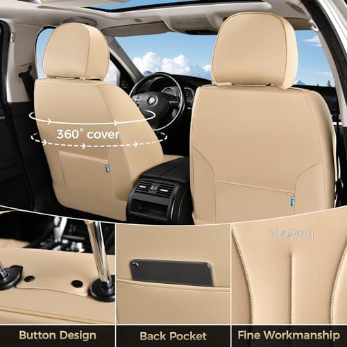 FLORICH Seat Cover, Leather Car Seat Covers Full Set, Waterproof Car Seat Protectors 5 Seats, Front and Rear Seat Covers for Cars, Automotive Seat Protector Fit for Most Sedans SUV Truck - Beige - Image 3