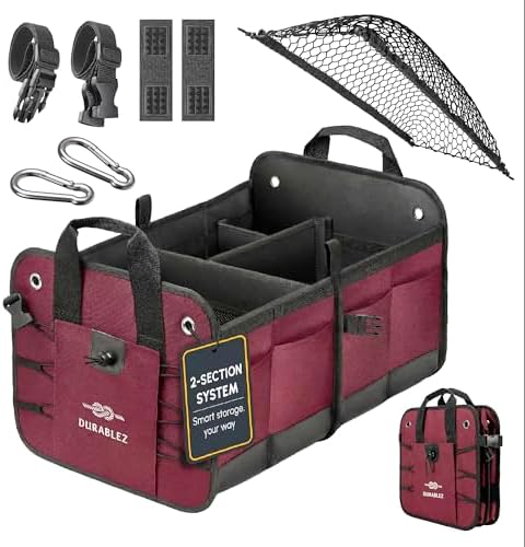 Car Trunk Organizer - Collapsible, Foldable - with Covering Net, Removable Dividers, Attachable Non-Slip Pads, Mounting Straps, and Stainless Hooks - for SUV, Truck, Sedan, Minivan, and Van - Cherry by DURABLEZ