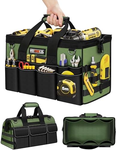 18-Inch Heavy Duty Tool Bag, 19-Pockets Tool Box Organizer, Portable Toolbag W/Soft Handle for Organized Storage, Mechanic Gifts for Men Dad Husband Fathers Day, Wide Mouth Electrician Toolbox, Green by VEITORLD
