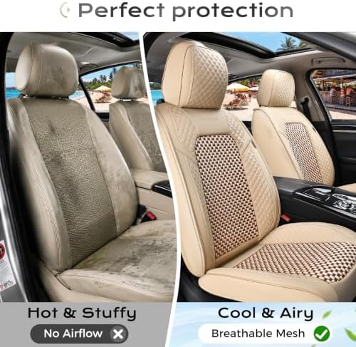 Coverado Seat Covers Full Set, 5 Seats Universal Seat Covers for Cars, Beige Car Seat Covers Front Seats Back Seat Cover, Breathable Car Seat Cushion, Leather Seat Cover Seat Protector Fit Most Cars - Image 3
