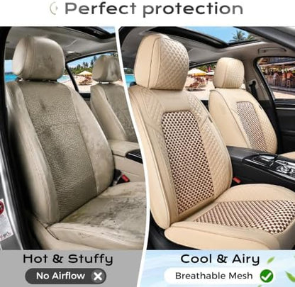 Coverado Seat Covers Full Set, 5 Seats Universal Seat Covers for Cars, Beige Car Seat Covers Front Seats Back Seat Cover, Breathable Car Seat Cushion, Leather Seat Cover Seat Protector Fit Most Cars - Image 3