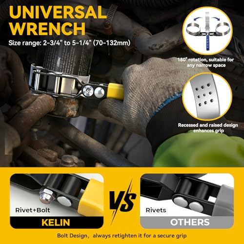 KELIN Oil Filter Wrench Set 8PCS, 9"&12" Oil Filter Pliers | 4 Swivel Band Wrenches (2-3/4" to 5-1/4") | 3-Jaw Universal Adapter for 3/8" 1/2" Ratchet, Oil Filter Removal Tool for Car Truck SUV ATV - Image 3