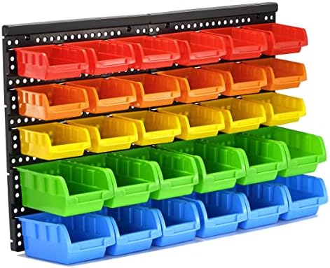 30-Bin Wall Mounted Storage Bins Kit, Tool Organizer Rack, Garage Hardware Organizer, 5 Color Parts Storage Bins, DIY Combination by VEOFEMLEA