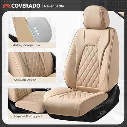 Coverado Leather Seat Covers, Car Seat Cover Full Set, 5 Seats Beige Seat Covers, Automotive Seat Covers Waterproof Car Seat Cushion Protectors Universal Seat Cover Fit for Most Cars Trucks SUV - Image 6