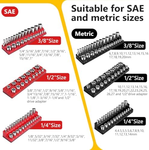 Magnetic Socket Organizer & Wrench Organizer Set, Socket Holder Set1/4", 3/8", 1/2" Drive Metric SAE Socket Storage，15 Slots Metric SAE Wrench Holder (Socket,Wrench not Included) (‎‎Black/Red) - Image 3