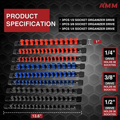 AMM 9PCS Socket organizer, 1/4" 3/8" 1/2" Drive Heavy duty socket holder - Image 2