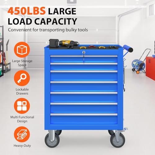 7-Drawer Rolling Tool Chest, Tool Box with 4 Wheels and Drawers, High Capacity Detachable Mobile Tool Storage Cabinet for Garage, Workshop, Mechanics and Repair Room (Blue) - Image 4