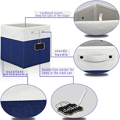 13x13x13 Inch Large Foldable Fabric Linen Cube Storage Bins【4-pack】, with Cotton Handles Closet Bins for Cabinet Shelves Home Organization and Storage bins(White&blue) - Image 6