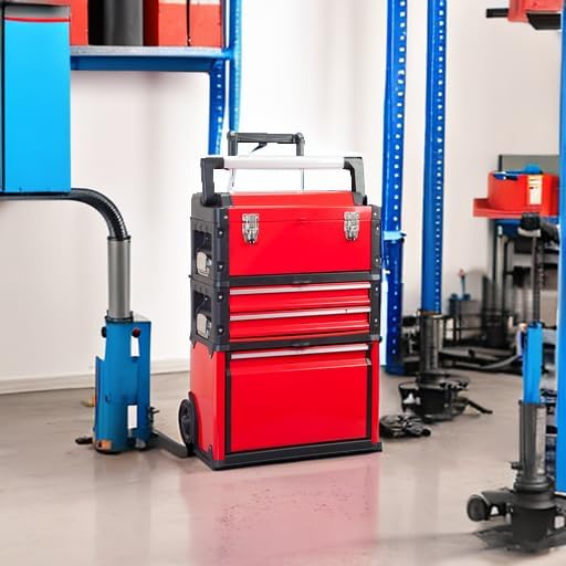 Big RED TRJF-C305ABD Torin Garage Workshop Organizer: Portable Steel and Plastic Stackable Rolling Upright Trolley Tool Box with 3 Drawers, 20.5" L x 12.6" W x 28.4" - Image 2