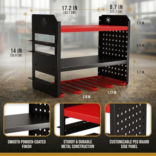 BUILTSTRONG Power Tool Organizer Wall Mount – 3-Tier Heavy-Duty Steel Rack, 4 Drill Slots, Pegboard + Utility Side, 100 lb Capacity – Garage, Workshop & Shed Storage (Red) - Image 4