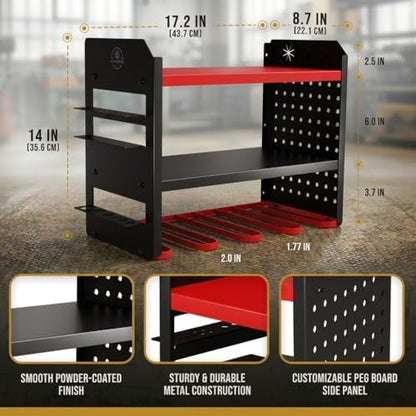 BUILTSTRONG Power Tool Organizer Wall Mount – 3-Tier Heavy-Duty Steel Rack, 4 Drill Slots, Pegboard + Utility Side, 100 lb Capacity – Garage, Workshop & Shed Storage (Red) - Image 4