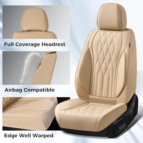 Coverado Front Seat Covers, Car Seat Protector, Waterproof Nappa Leather Cushion, Fit for Most Sedans SUV Pick-up Truck-Beige - Image 3