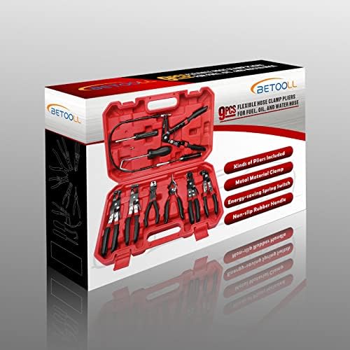 BETOOLL 9pc Hose Clamp Pliers, Professional Automotive with Flexible Wire Long Reach, Clic R Type Swivel Jaw and Flat Band Pliers for Coolant Radiator Heater/Water Hose (Red/Black) - Image 5